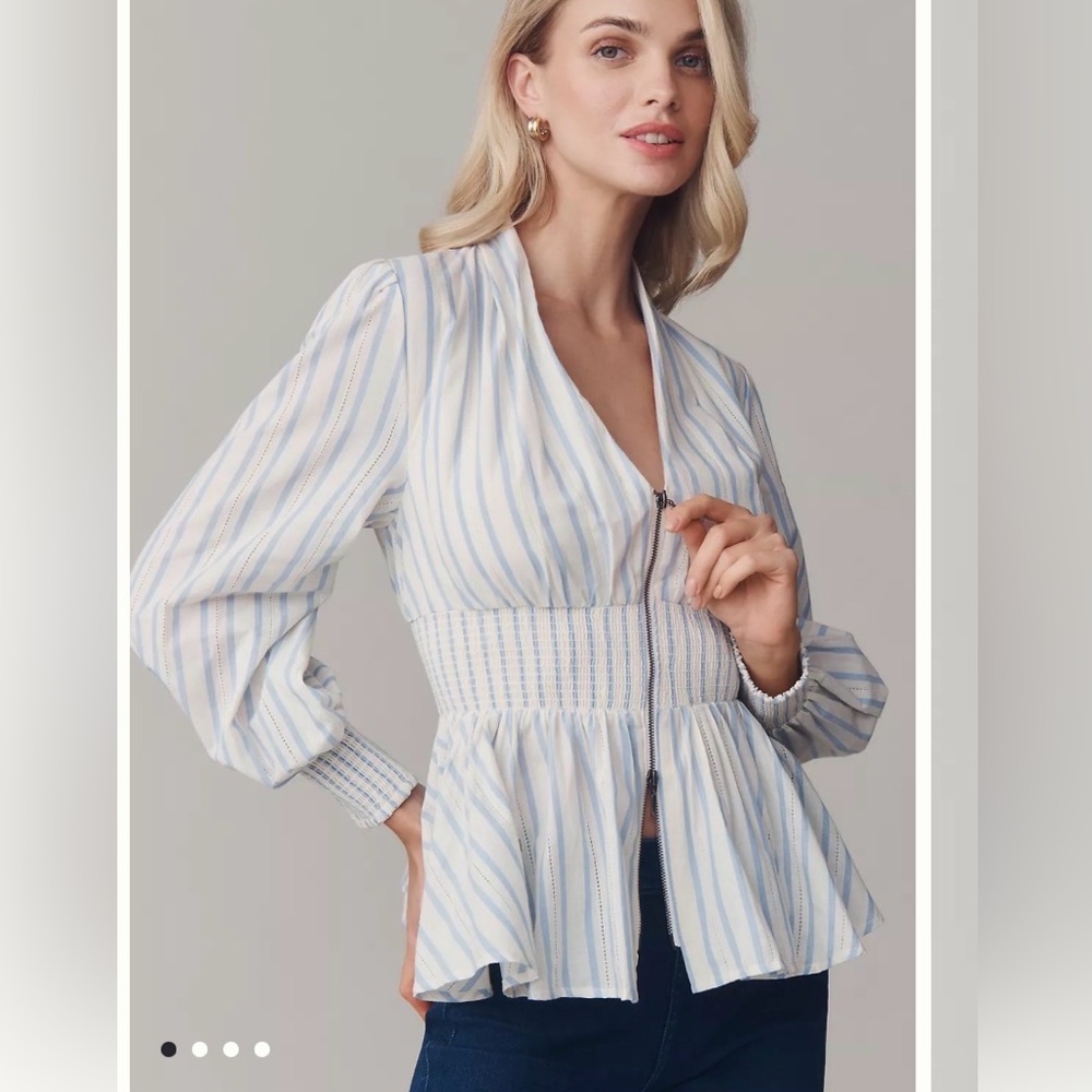 Maeve Anthropologie the Tommie long sleeve smocked zip front blouse top nwt